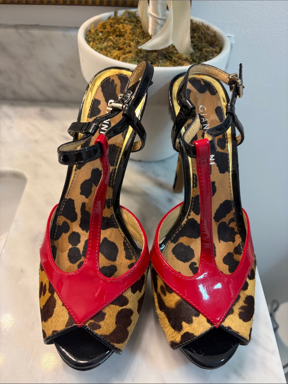 Gianni Bini Red Patent T-Strap Heels with Leopard Print and Black Straps